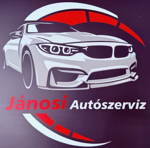 Jánosi Autószerviz logó – fehér sportautó vörös és grafit háttéren
